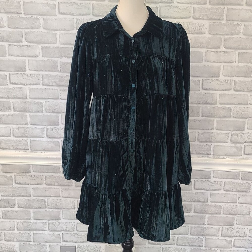 Peach Lane Emerald Green Velvet Mini Dress Tiered Wicked OZ Sequin NEW Large
